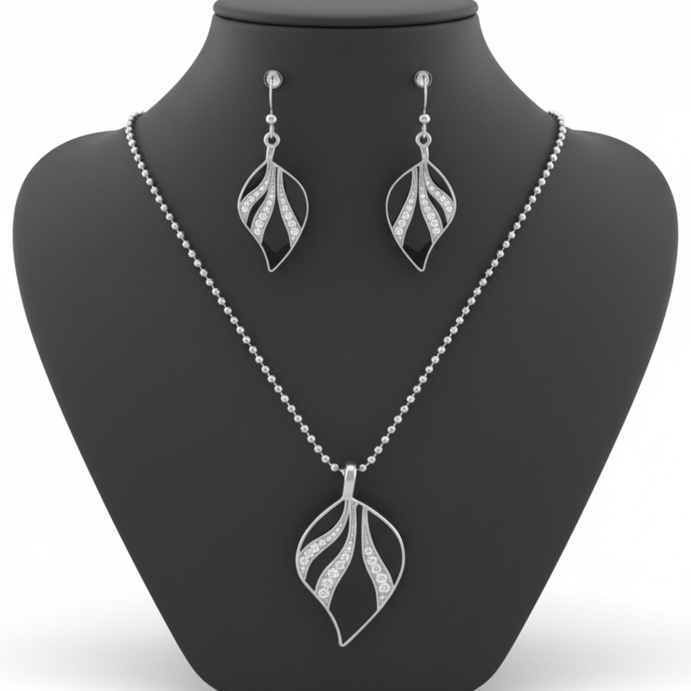 Rhodium-Plated Sterling Silver Leaf Pendant & Earring Set